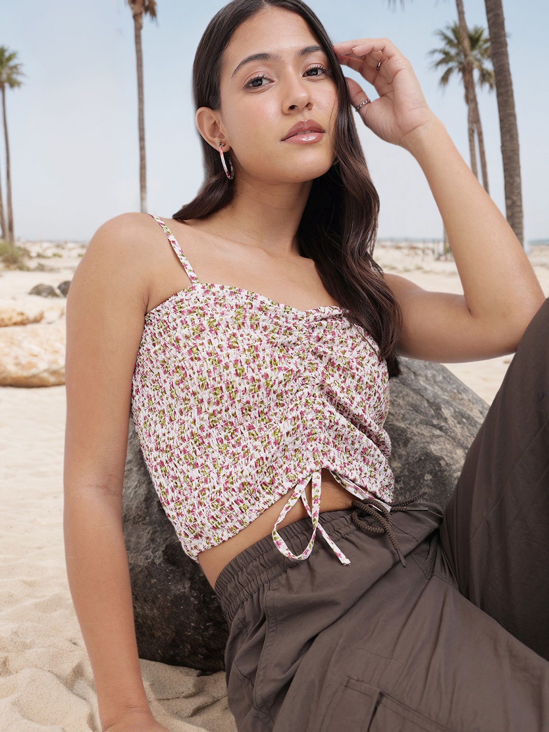 

DressBerry Flirt With Florals Smocked Crop Top, White