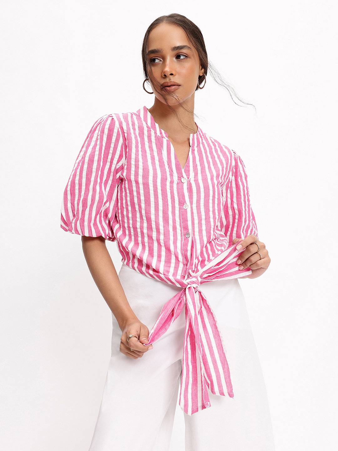 

DressBerry Preppy Perfect Stripes Knotted Cotton Shirt Style Top, Pink