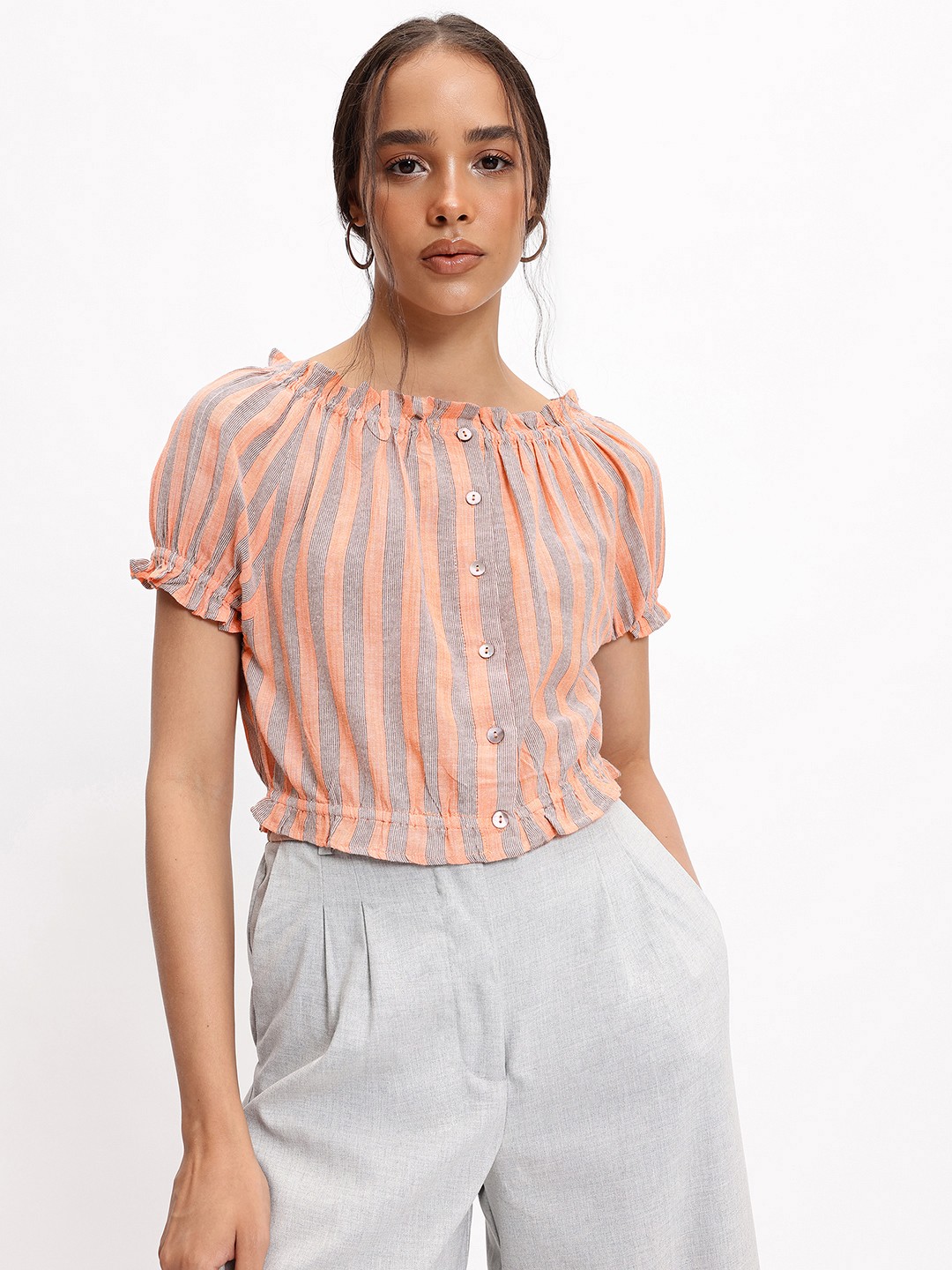 

DressBerry Y2K Stripe Revival Blouson Top, Peach