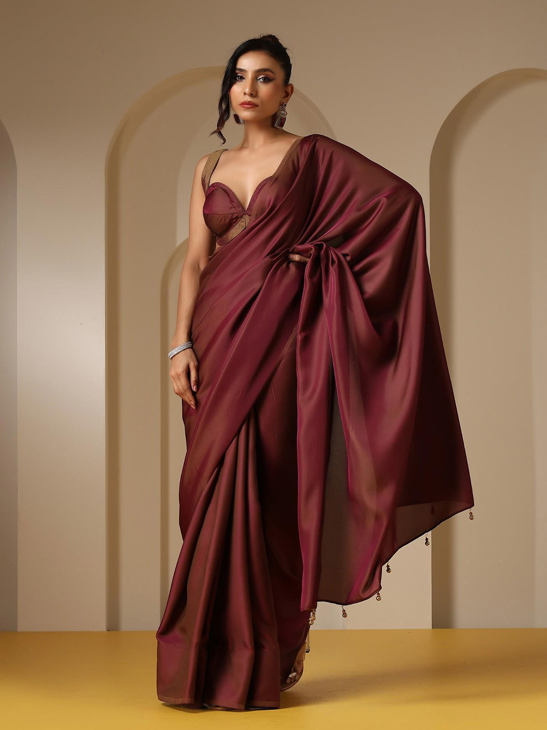 

Swtantra Beads and Stones Satin Saree, Brown