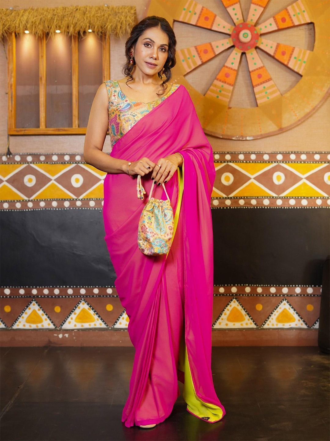 

Swtantra Beads and Stones Georgette & Crepe Pre-Draped Ready to Wear Saree, Pink