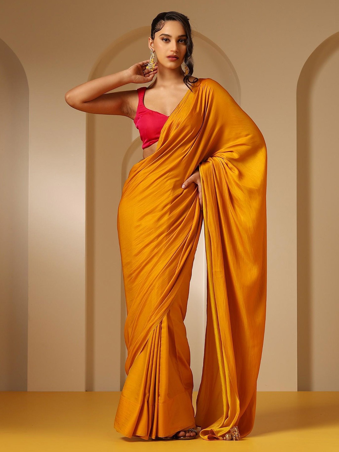 

Swtantra Beads and Stones Satin Saree, Yellow