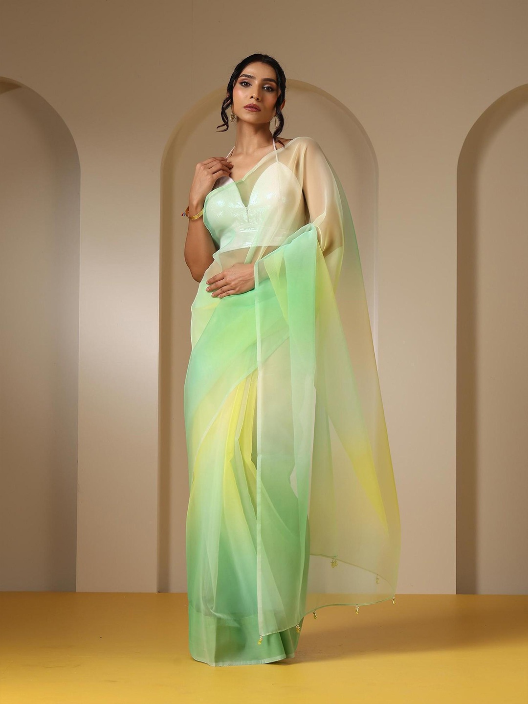 

Swtantra Ombre Beads and Stones Organza Saree, Green