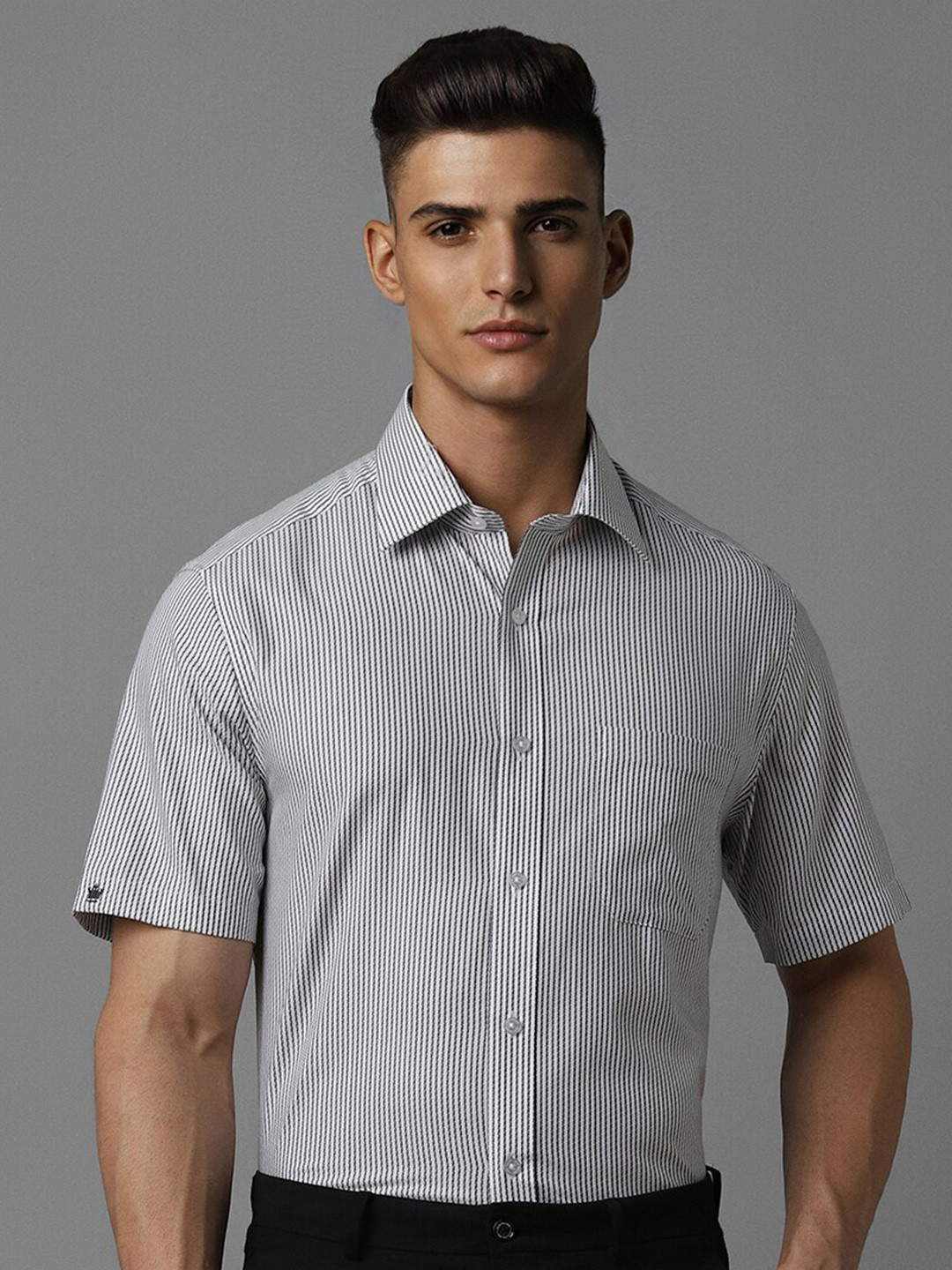 

Louis Philippe Classic Fit Vertical Striped Pure Cotton Formal Shirt, Grey
