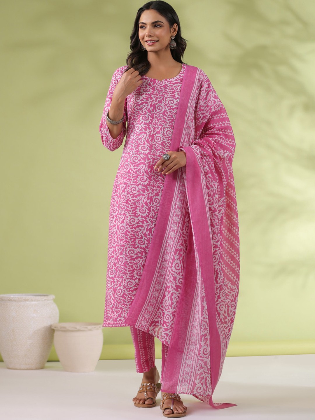

KALINI Batik Printed Pure Cotton Straight Kurta with Trousers & Dupatta, Pink