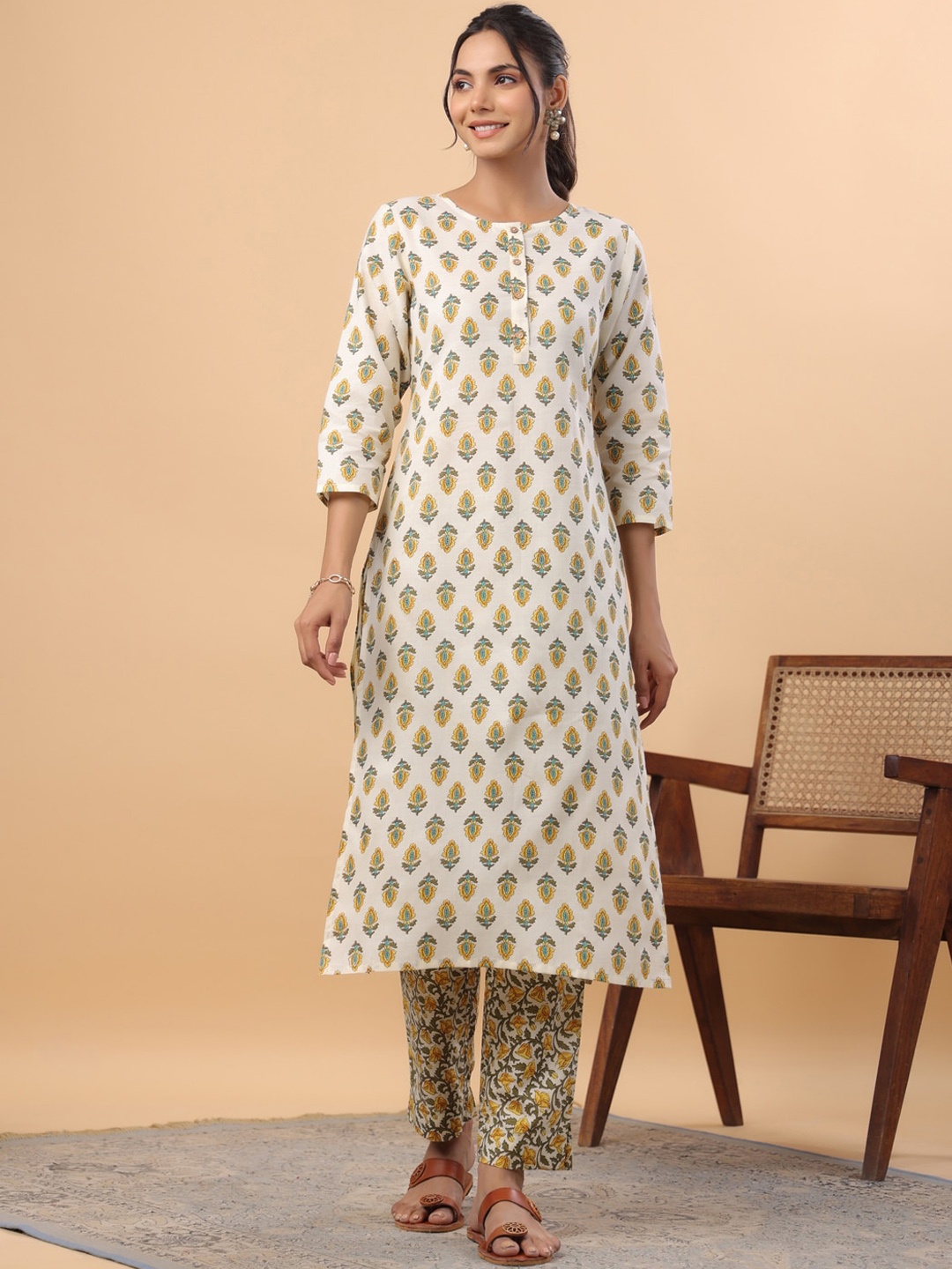 

KALINI Women Ethnic Motifs Printed Regular Pure Cotton Kurta with Trousers, Cream