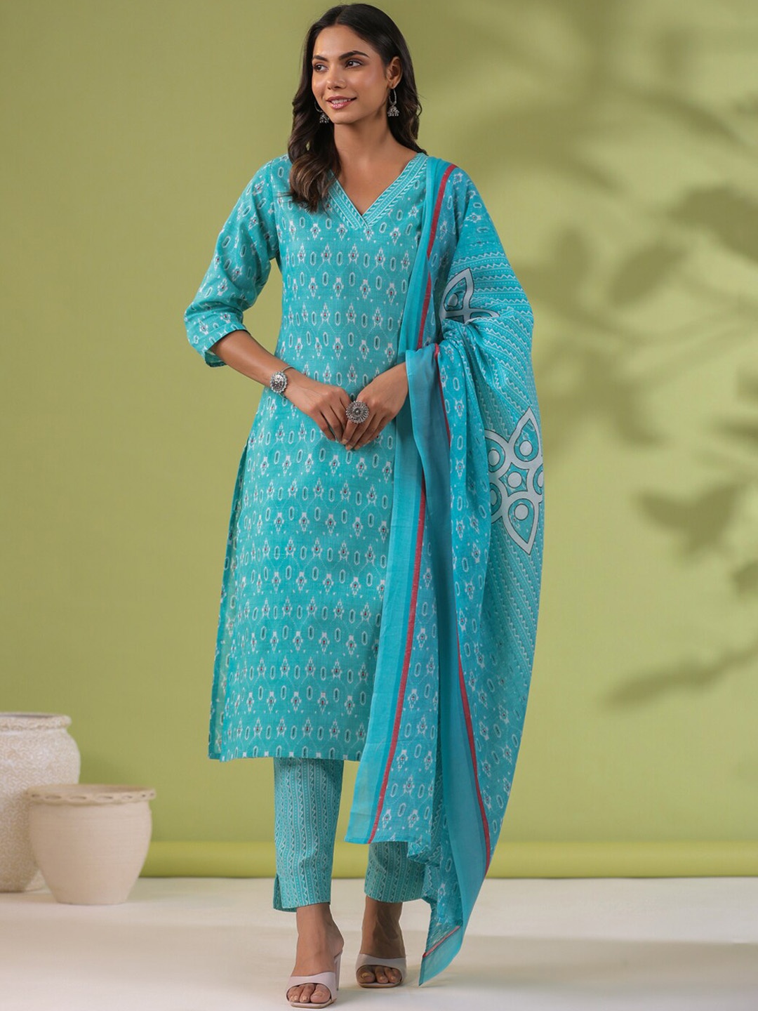 

KALINI Ikkat Printed Pure Cotton Straight Kurta with Trousers & Dupatta, Blue