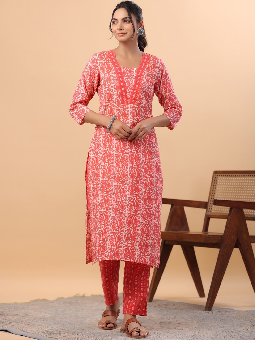 

KALINI Batik Printed Square Neck Straight Kurta with Trousers, Red