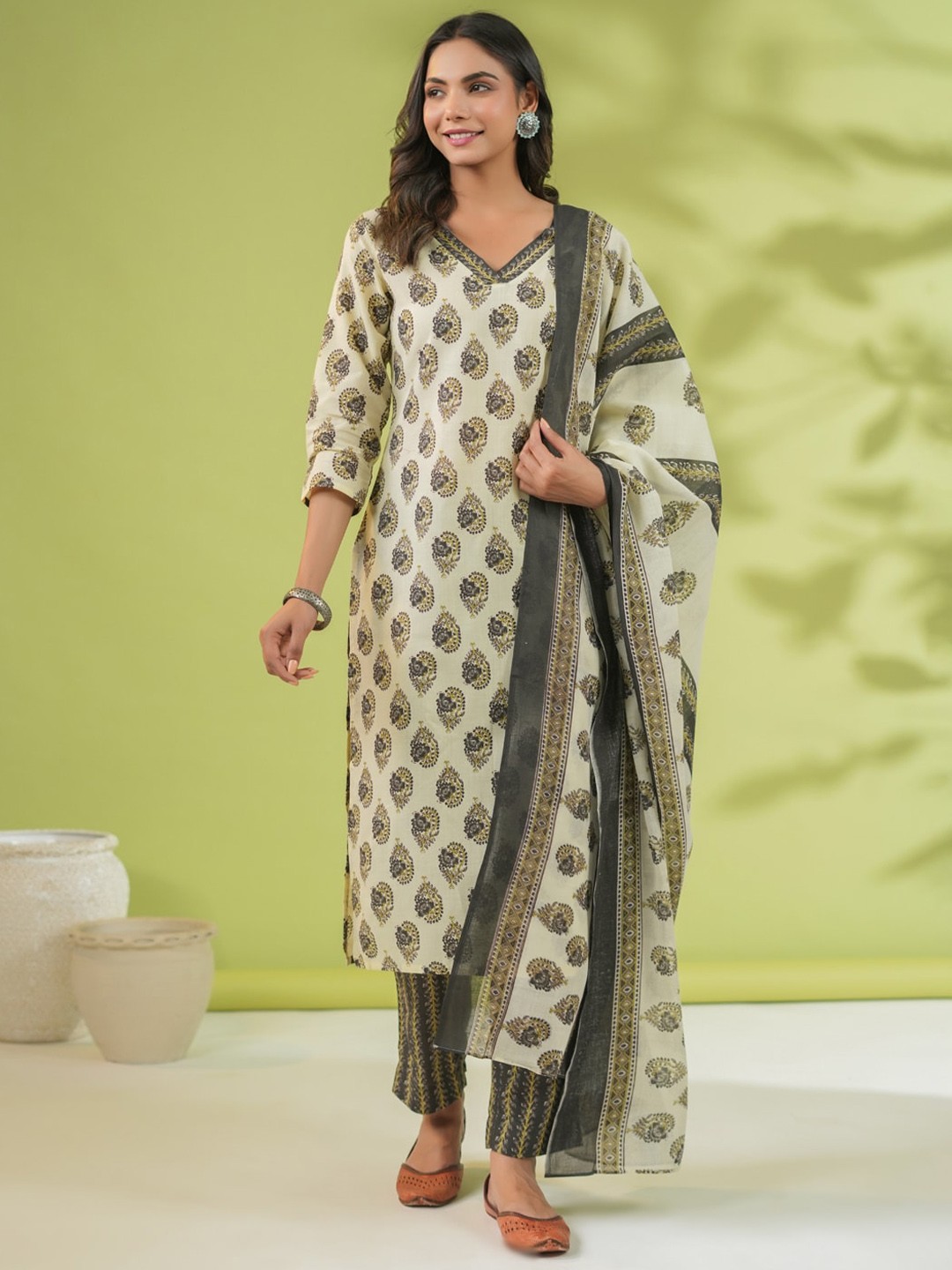 

KALINI Batik Printed Pure Cotton Straight Kurta with Trousers & Dupatta, Cream