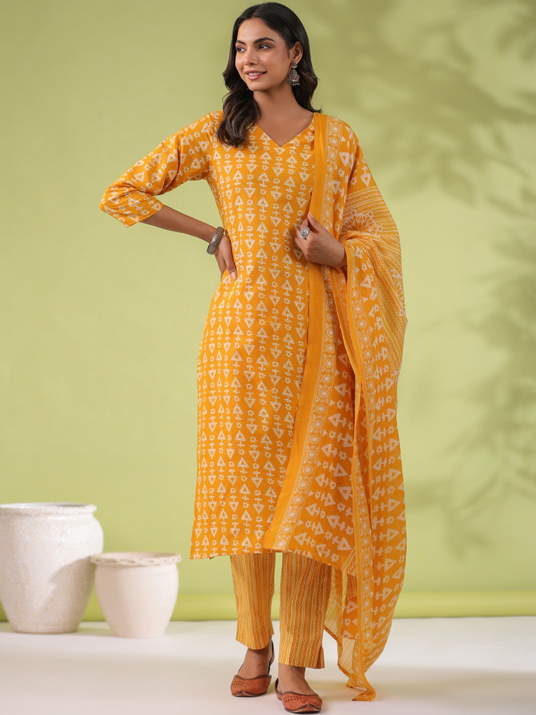 

KALINI Women Printed Regular Pure Cotton Kurta with Trousers & With Dupatta, Mustard