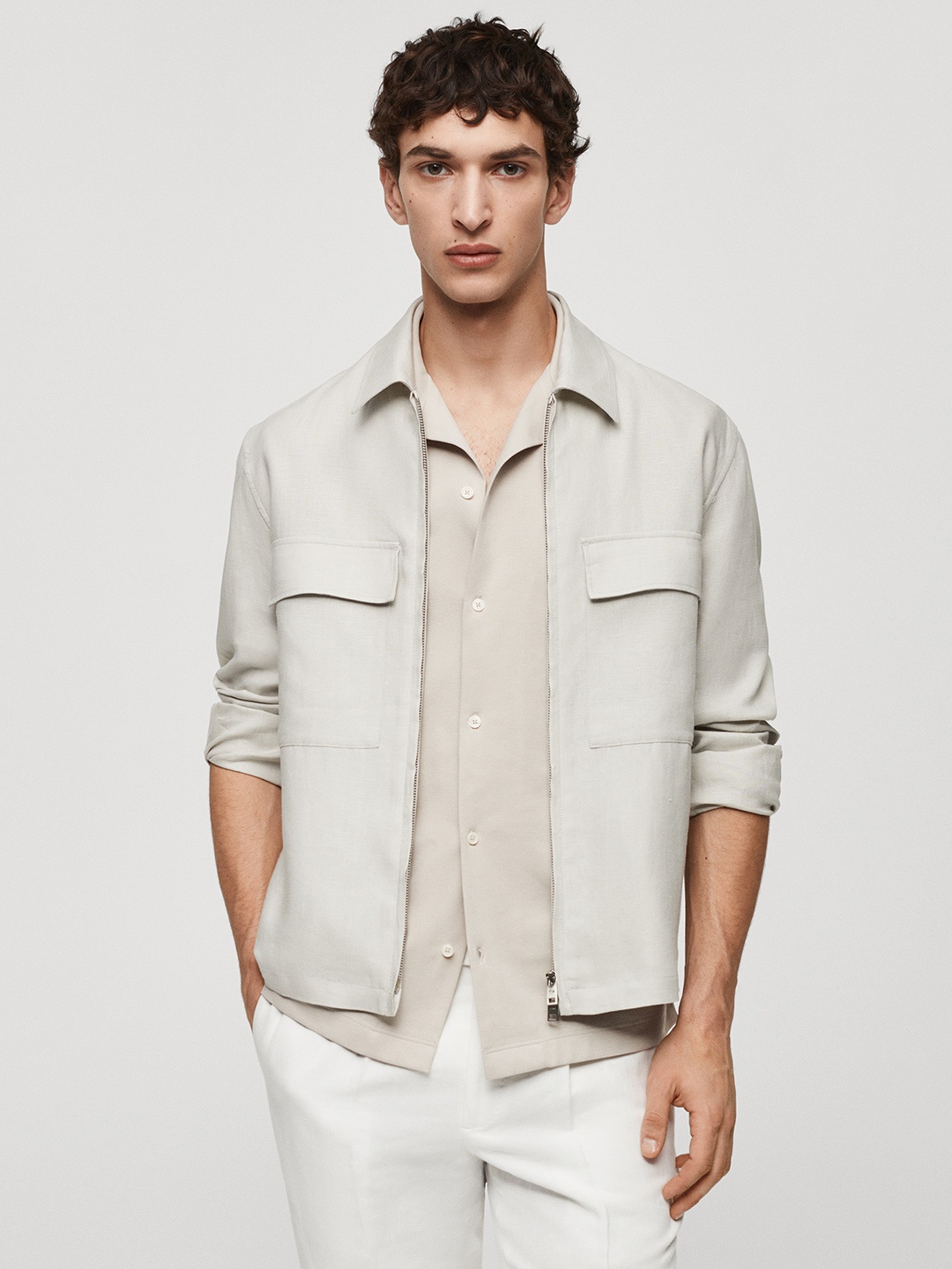 

MANGO MAN Solid Linen Knitted Jacket, Grey