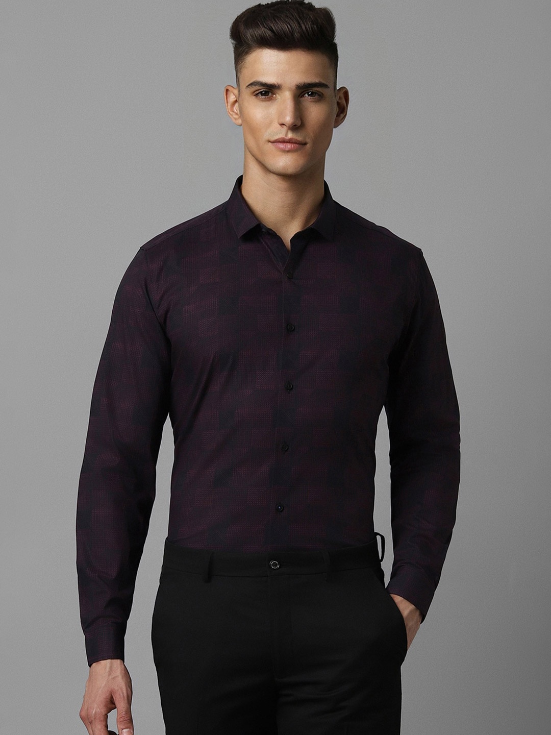 Louis Philippe Sport Spread Collar Slim Fit Cotton Checked Casual Shirt, Purple