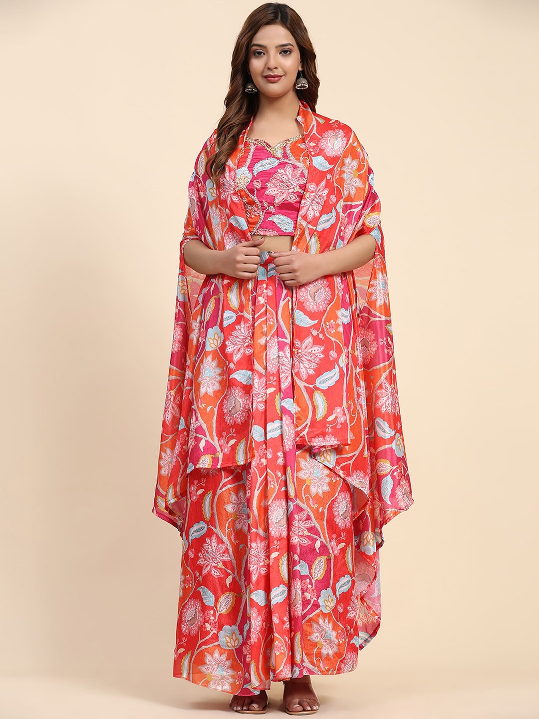 

AMOHA TRENDZ Printed Embroidered Top With Skirt & Shrug Co-Ords, Pink