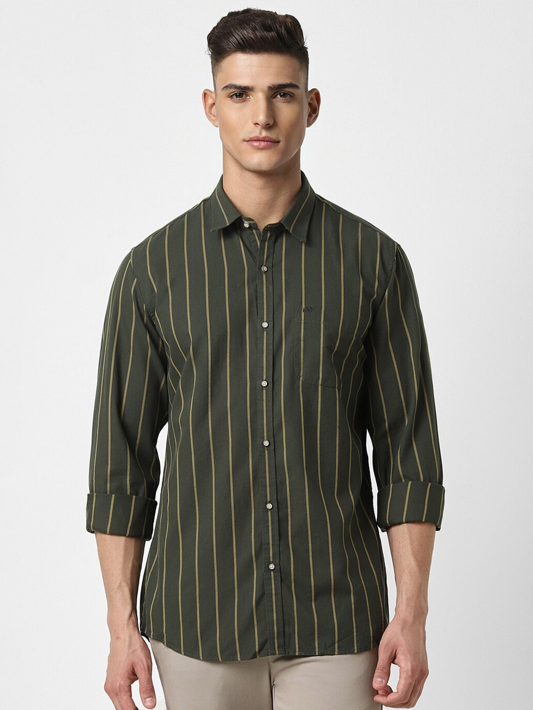 

Peter England Casuals Slim Fit Cotton Striped Casual Shirt, Olive
