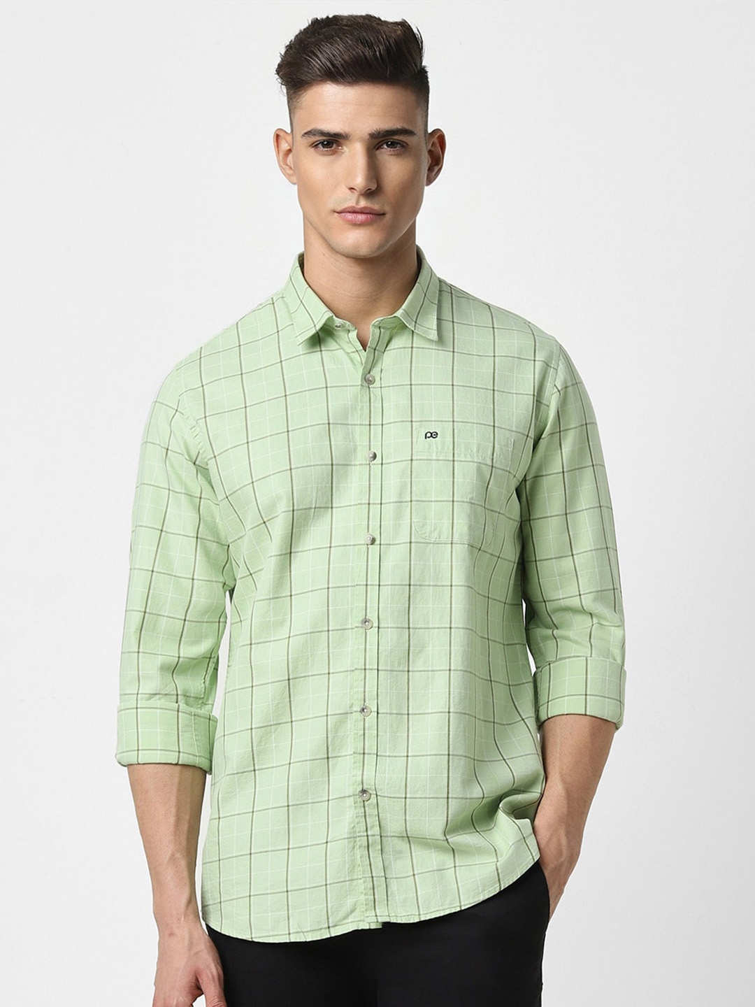 

Peter England Casuals Slim Fit Windowpane Checks Cotton Checked Casual Shirt, Green