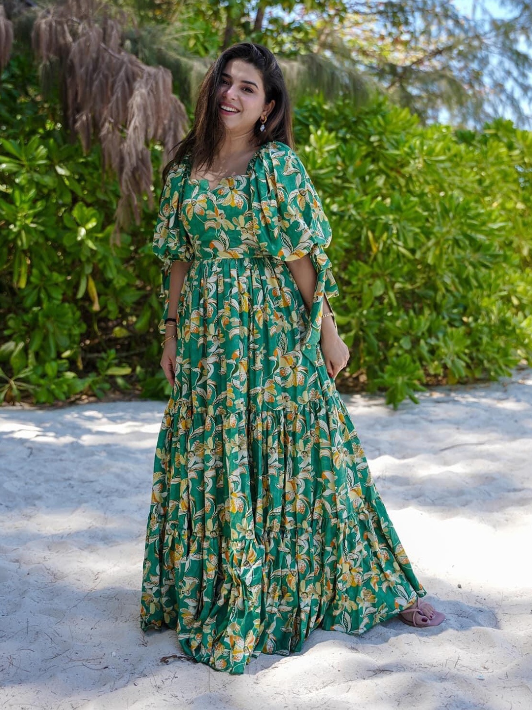 

RIITIH Floral Printed Fit & Flare Maxi Dress, Green