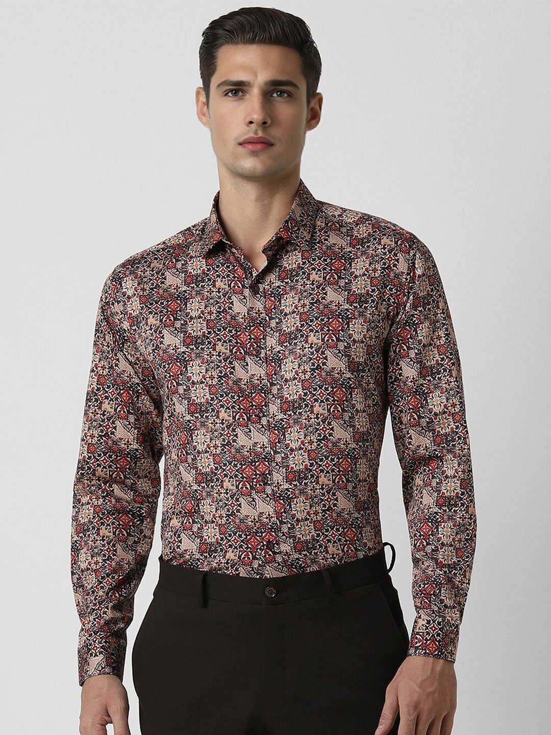 

V Dot Men Slim Fit Floral Cotton Printed Party Shirt, Maroon