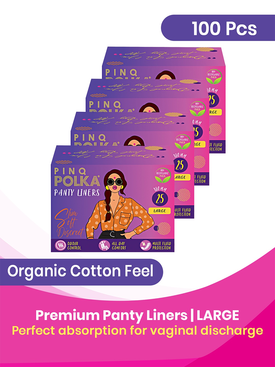 

PINQ Set of 4 Polka Large Premium Ultra Thin Cotton Feel Panty Liners - 25-Pcs Each, Pink