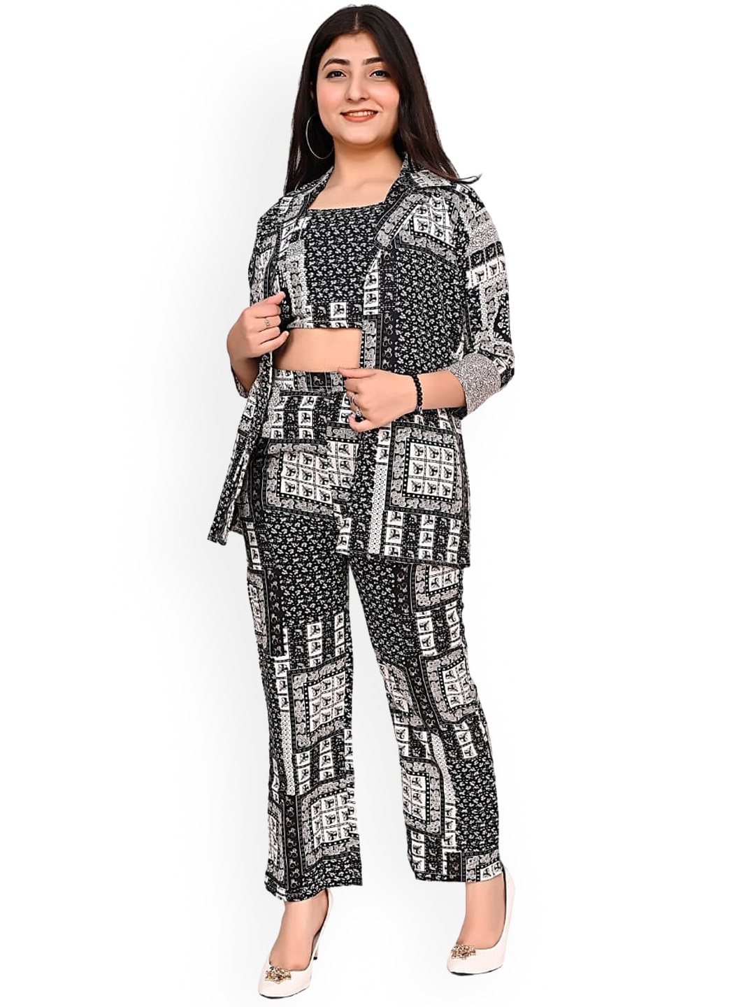 

FELLAMO Girls Printed Top With Blazer & Trousers Clothing Set, Black