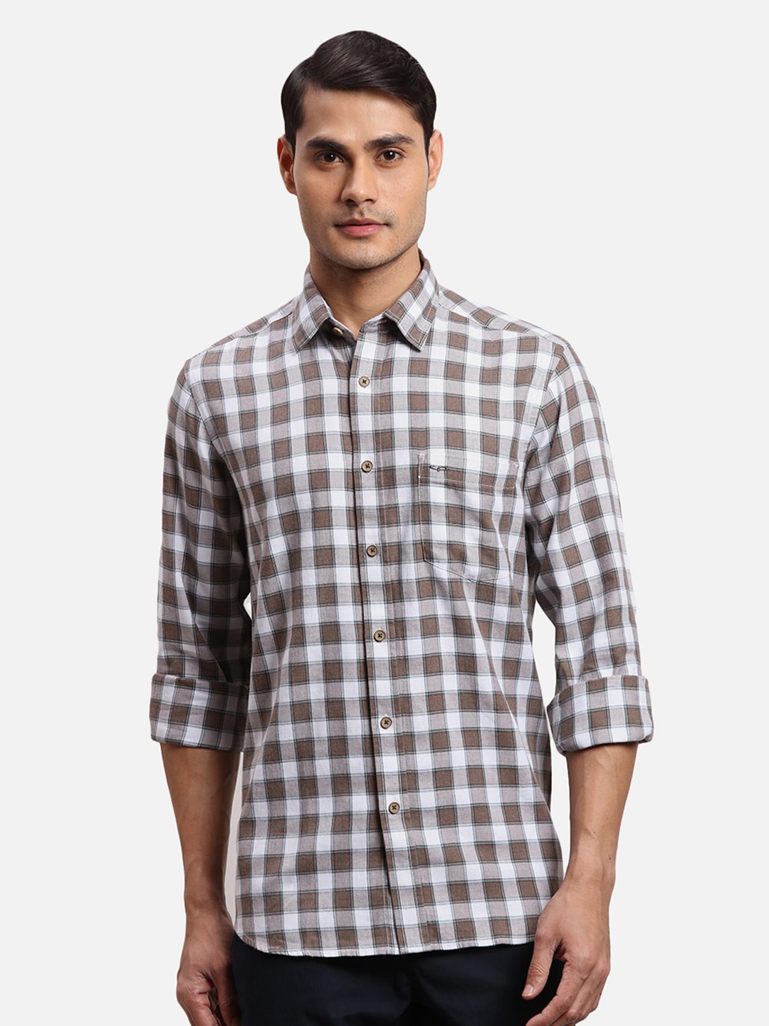 ColorPlus Checked Spread Collar Cotton Casual Shirt, Brown