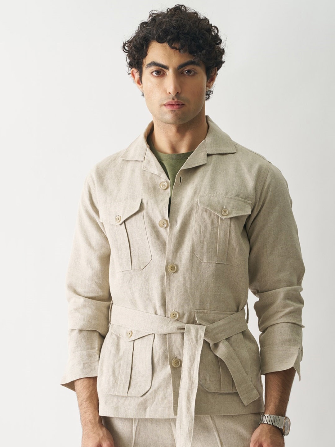 

Cultura Studio Lapel Collar Linen Tie Up Tailored Jacket, Beige