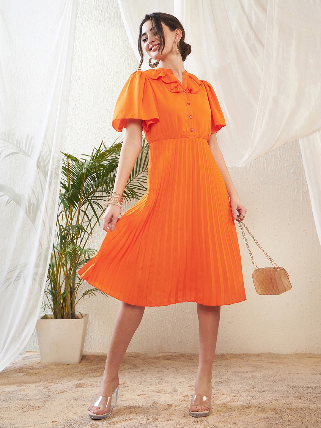 

SASSAFRAS Frill Neck Accordion Pleated Flared Sleeve Georgette A-Line Midi Dress, Orange