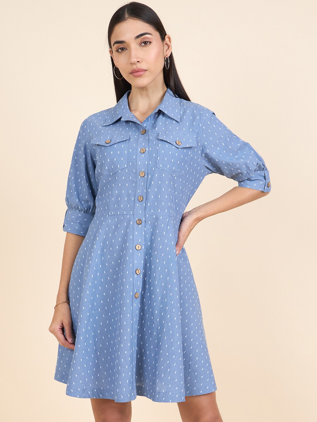 

Gipsy Polka Dots Printed Cotton Shirt Dress, Blue