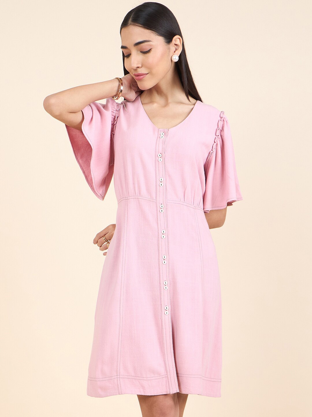 

Gipsy Flared Sleeve Linen Shirt Dress, Pink