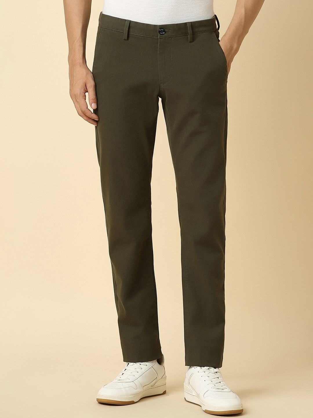 

Allen Solly Men Cotton Mid-Rise Slim Fit Regular Trousers, Olive