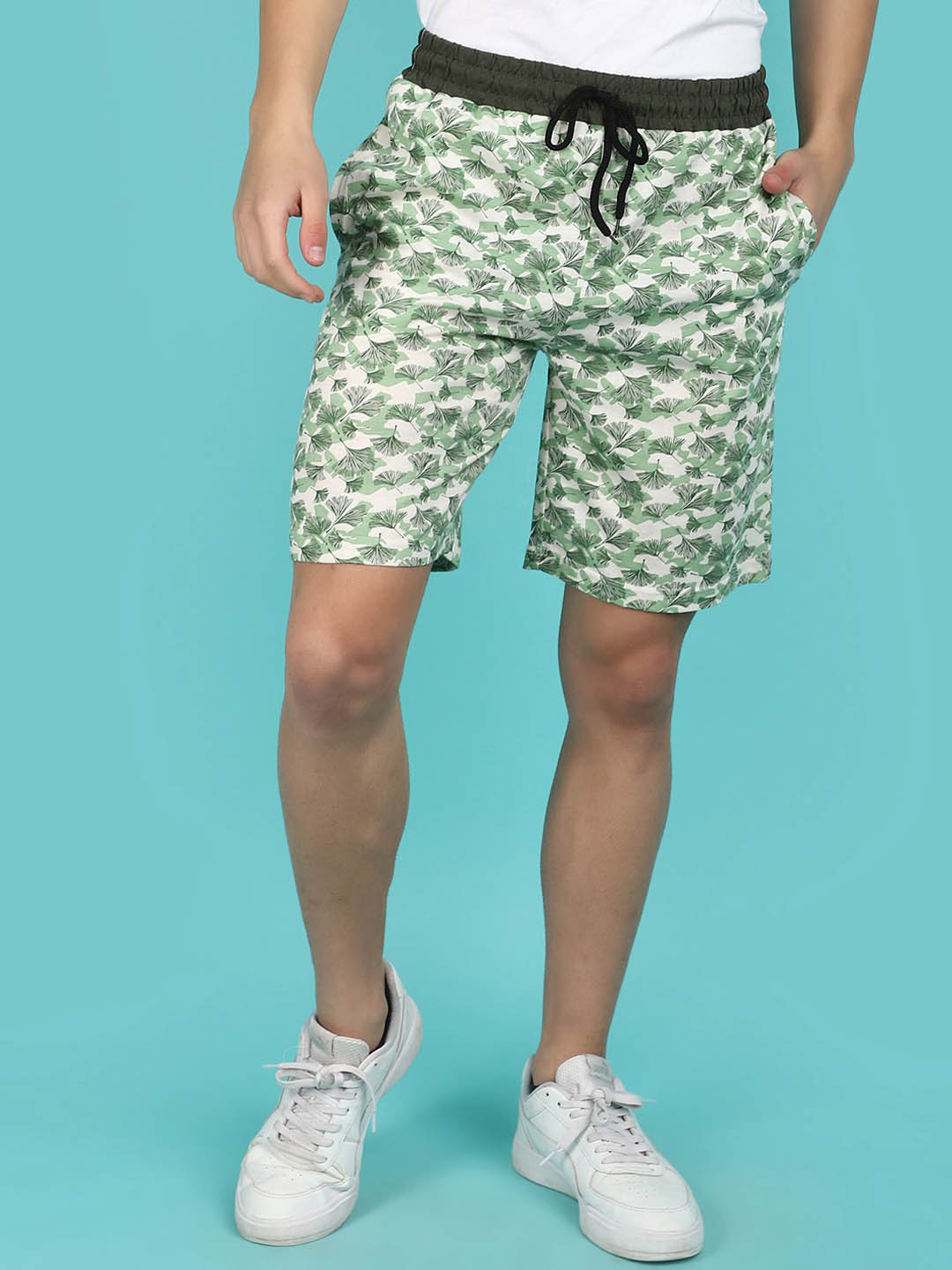 

V-Mart Men Floral Printed Cotton Shorts, Cream
