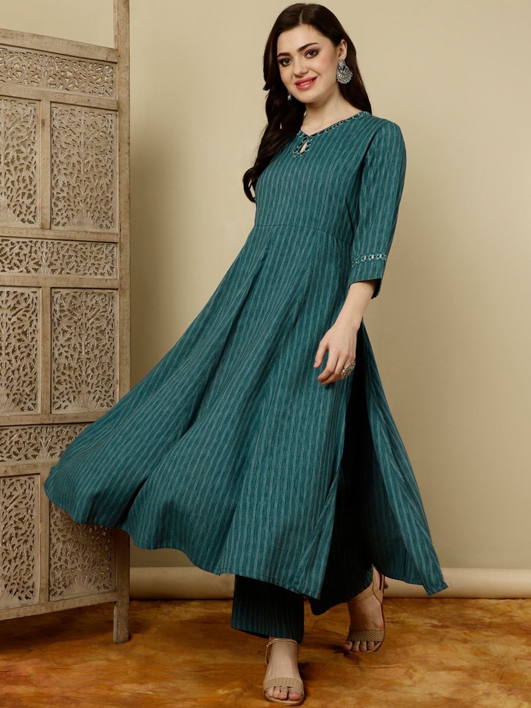Jaipur Kurti Mirror Work A-line Kurta Set, Teal
