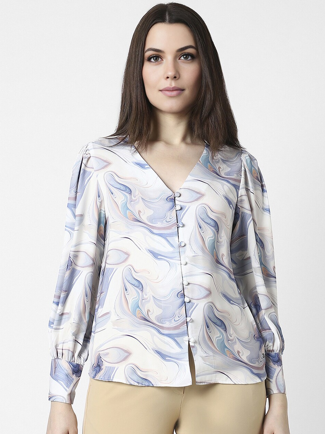 

Van Heusen Woman Floral Printed V-Neck Cuffed Sleeves Shirt Style Top, White