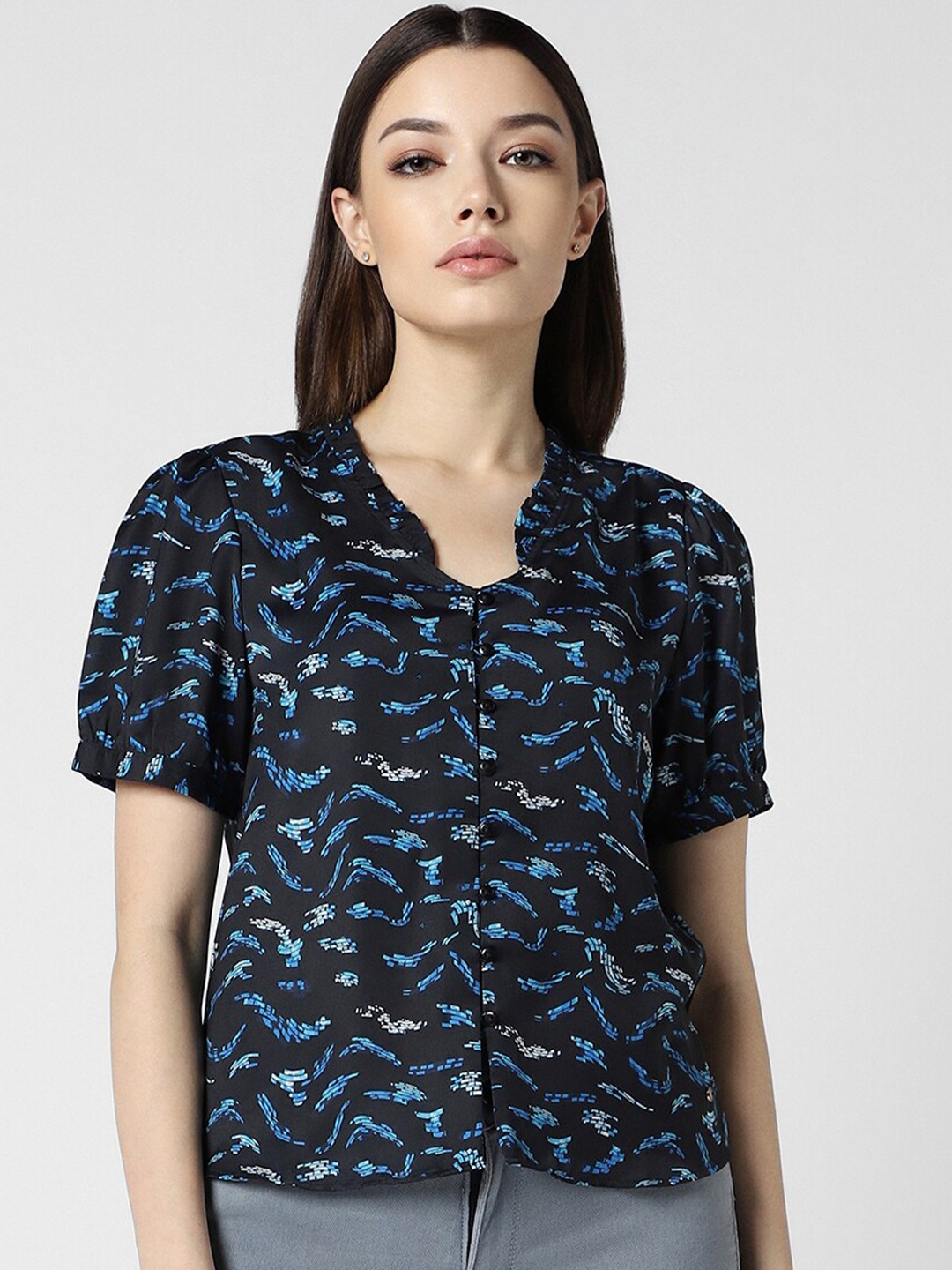 

Van Heusen Woman Floral Printed Opaque Mandarin Collar Top, Black