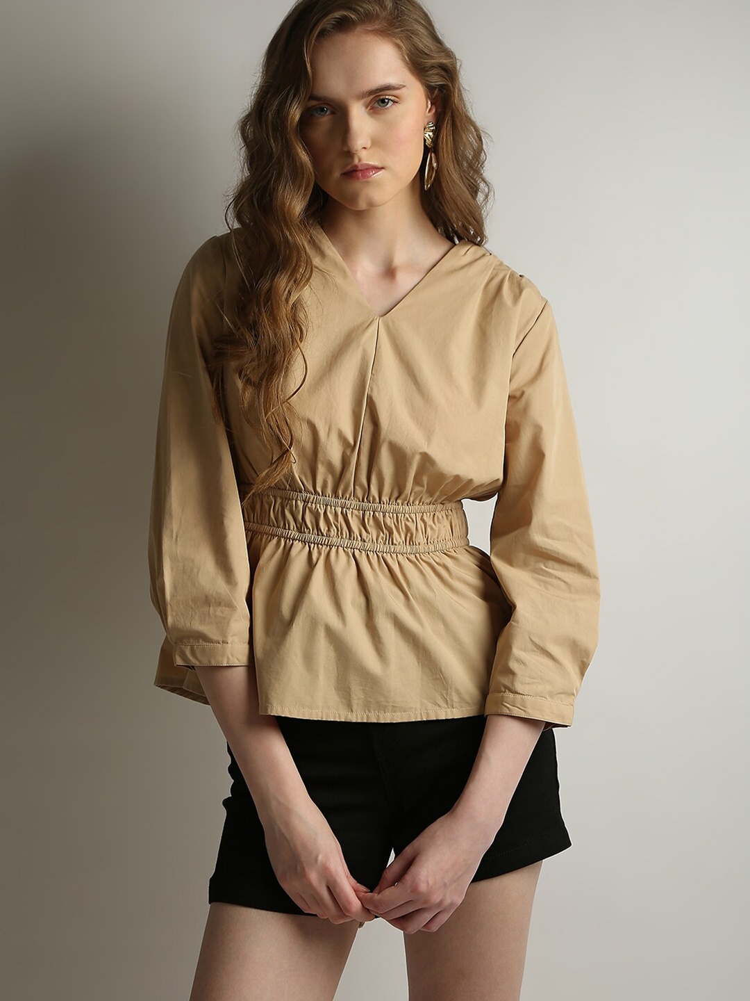 

Vero Moda Cotton V-Neck Smocking Cuffed Sleeves Cinched Waist Top, Beige
