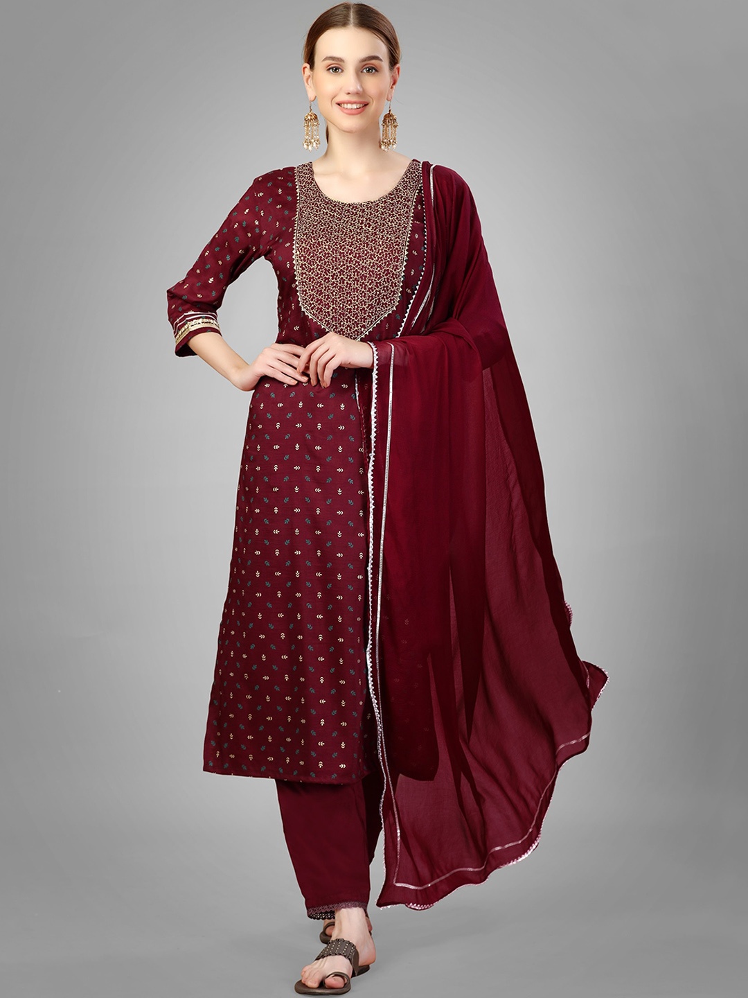 

ksevencreation Women Ethnic Motifs Embroidered Regular Kurta with Churidar & With Dupatta, Maroon