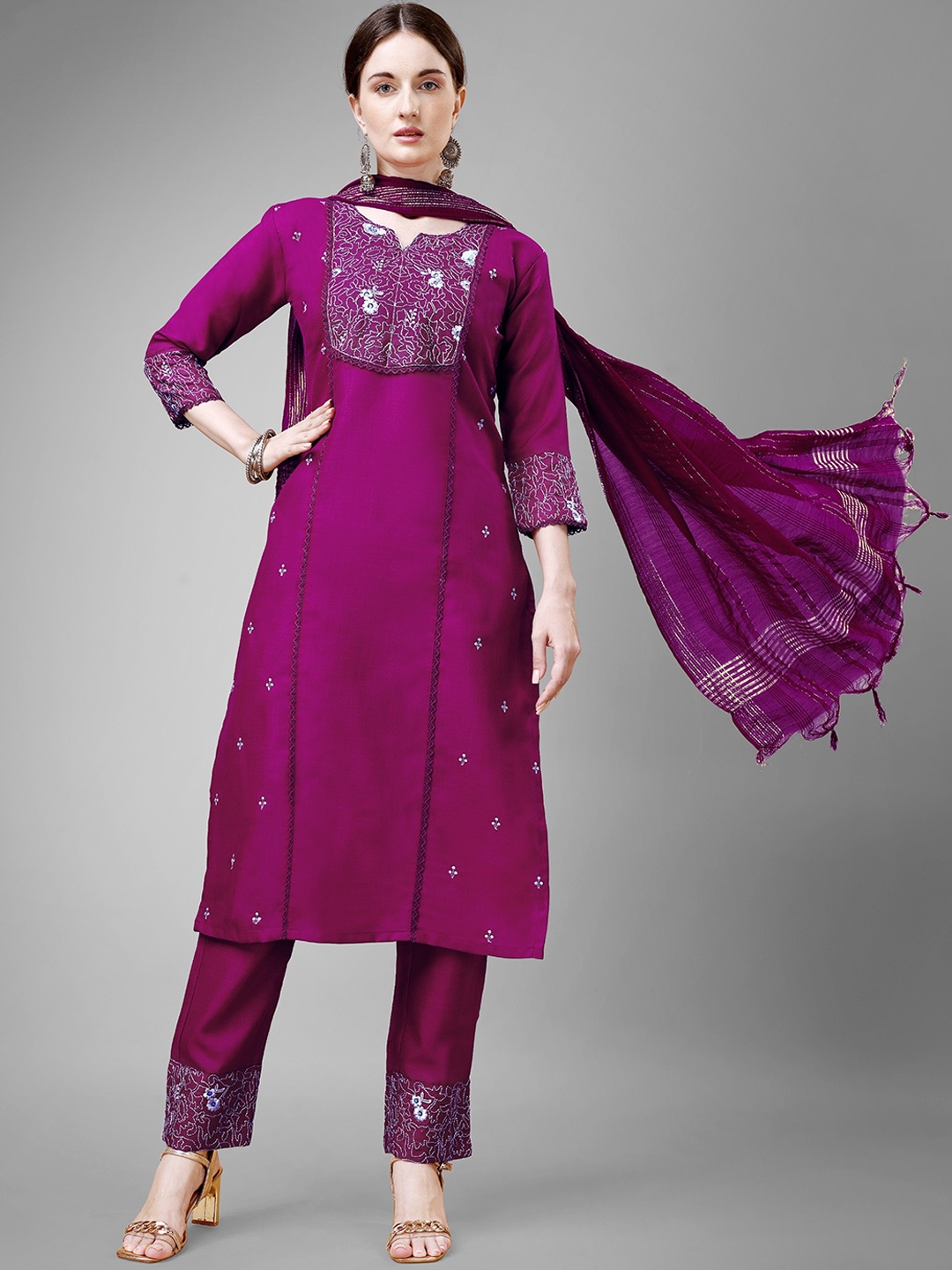 

ksevencreation Women Ethnic Motifs Embroidered Regular Kurta with Churidar & With Dupatta, Purple