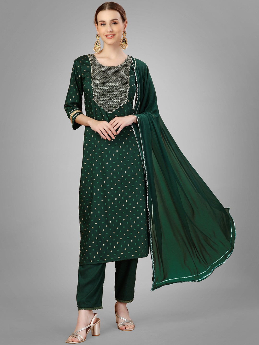 

ksevencreation Women Ethnic Motifs Embroidered Regular Thread Work Kurta with Trousers & With Dupatta, Green