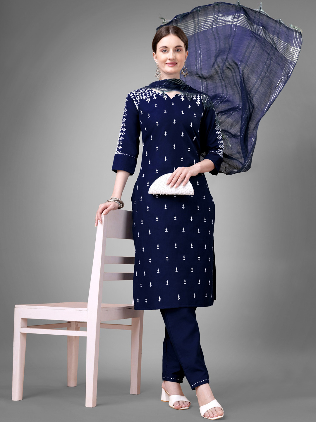 

ksevencreation Women Paisley Embroidered Regular Kurta with Trousers & With Dupatta, Navy blue