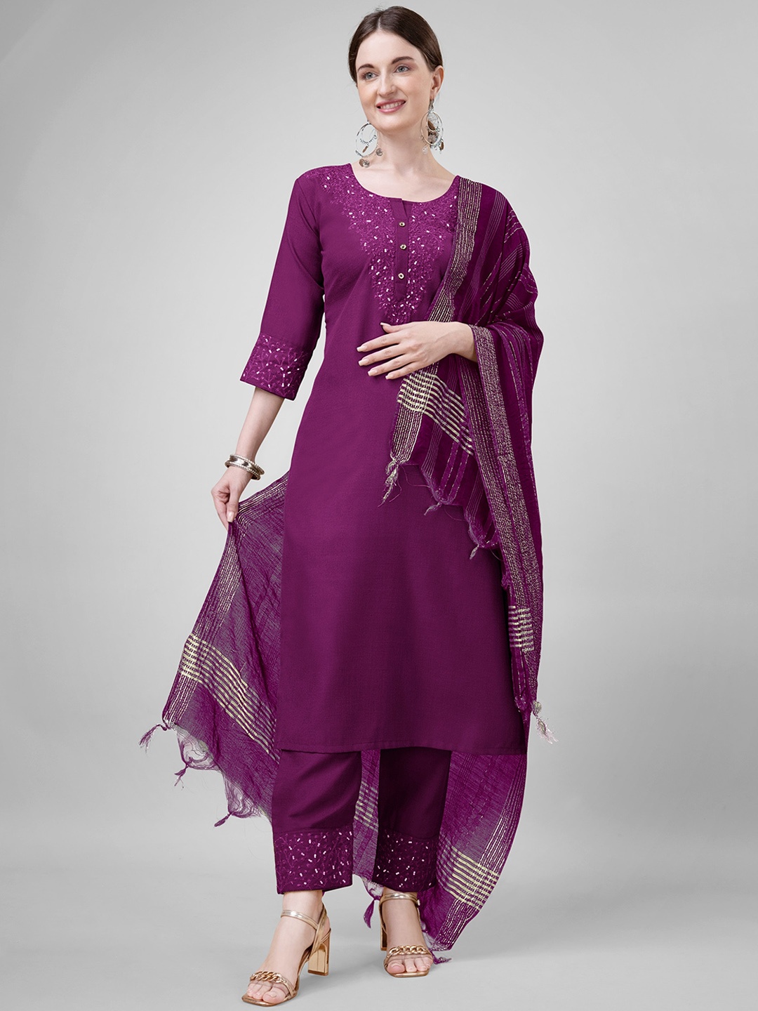 

ksevencreation Women Floral Embroidered Regular Kurta with Trousers & With Dupatta, Purple