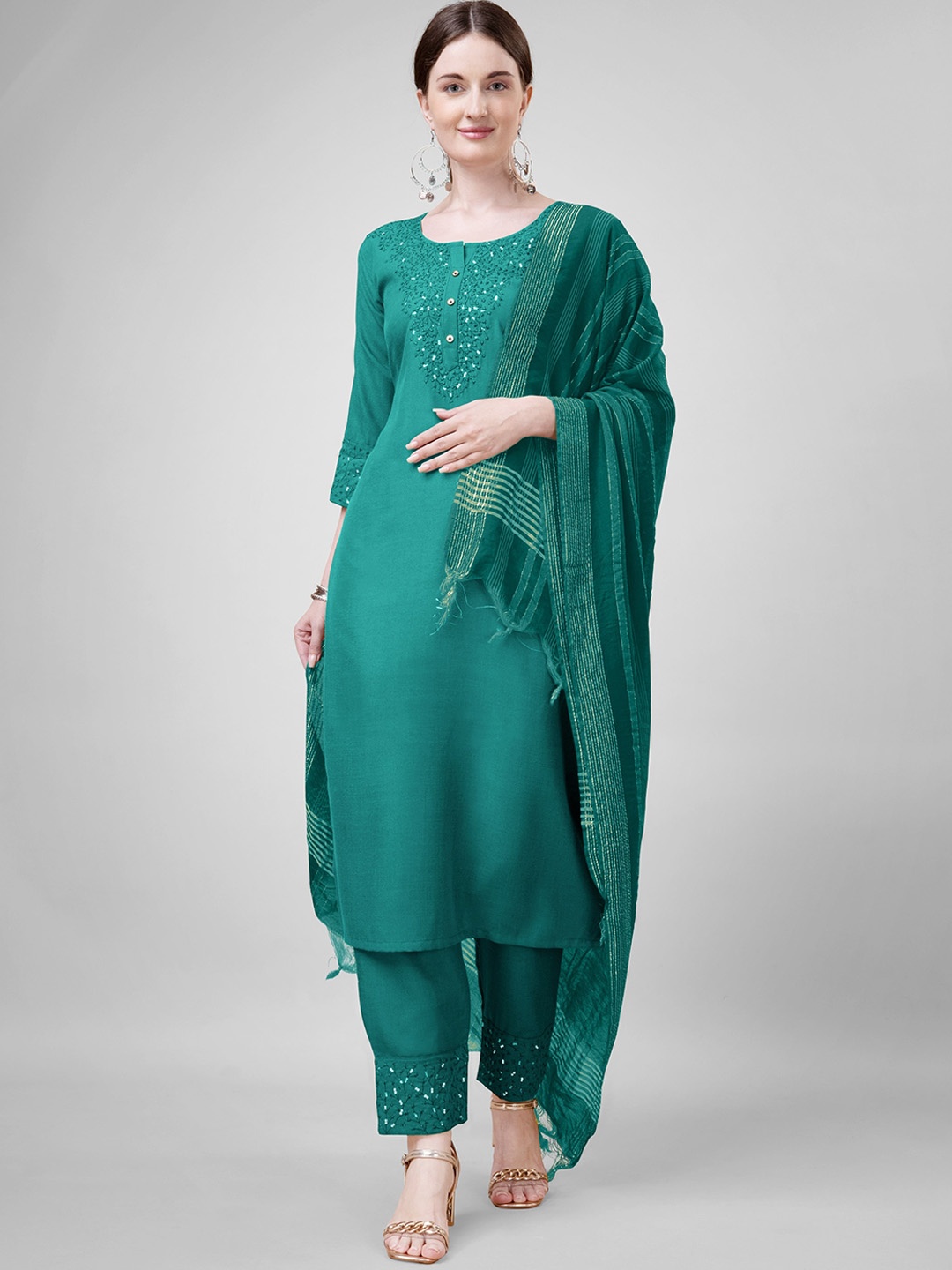 

ksevencreation Women Embroidered Regular Kurti with Churidar & With Dupatta, Sea green