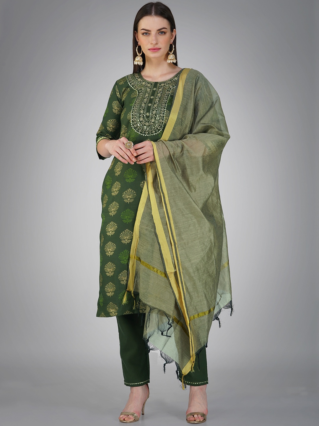 

ksevencreation Women Paisley Embroidered Regular Kurta with Churidar & With Dupatta, Green