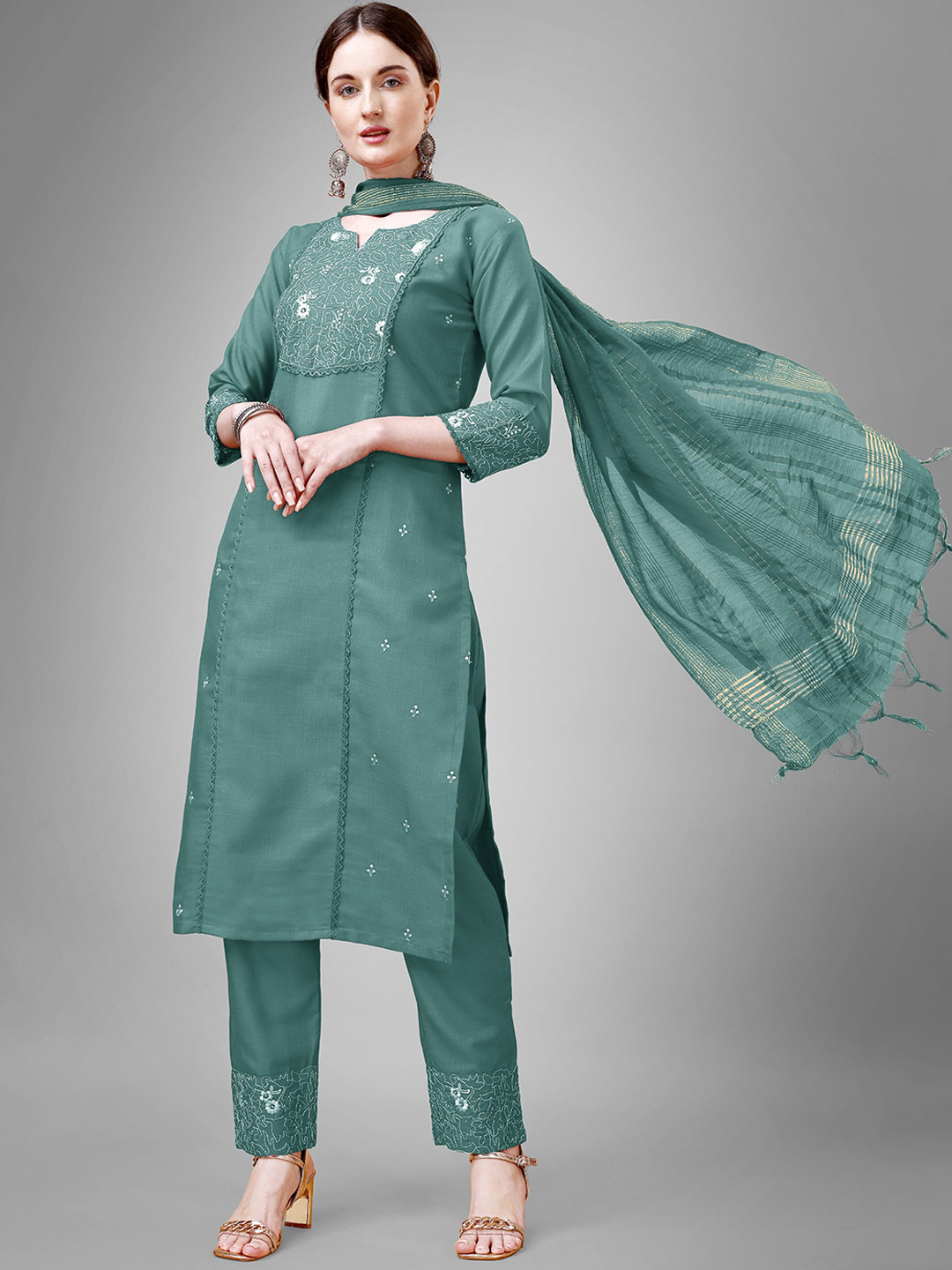 

ksevencreation Women Ethnic Motifs Embroidered Regular Kurta with Trousers & With Dupatta, Sea green