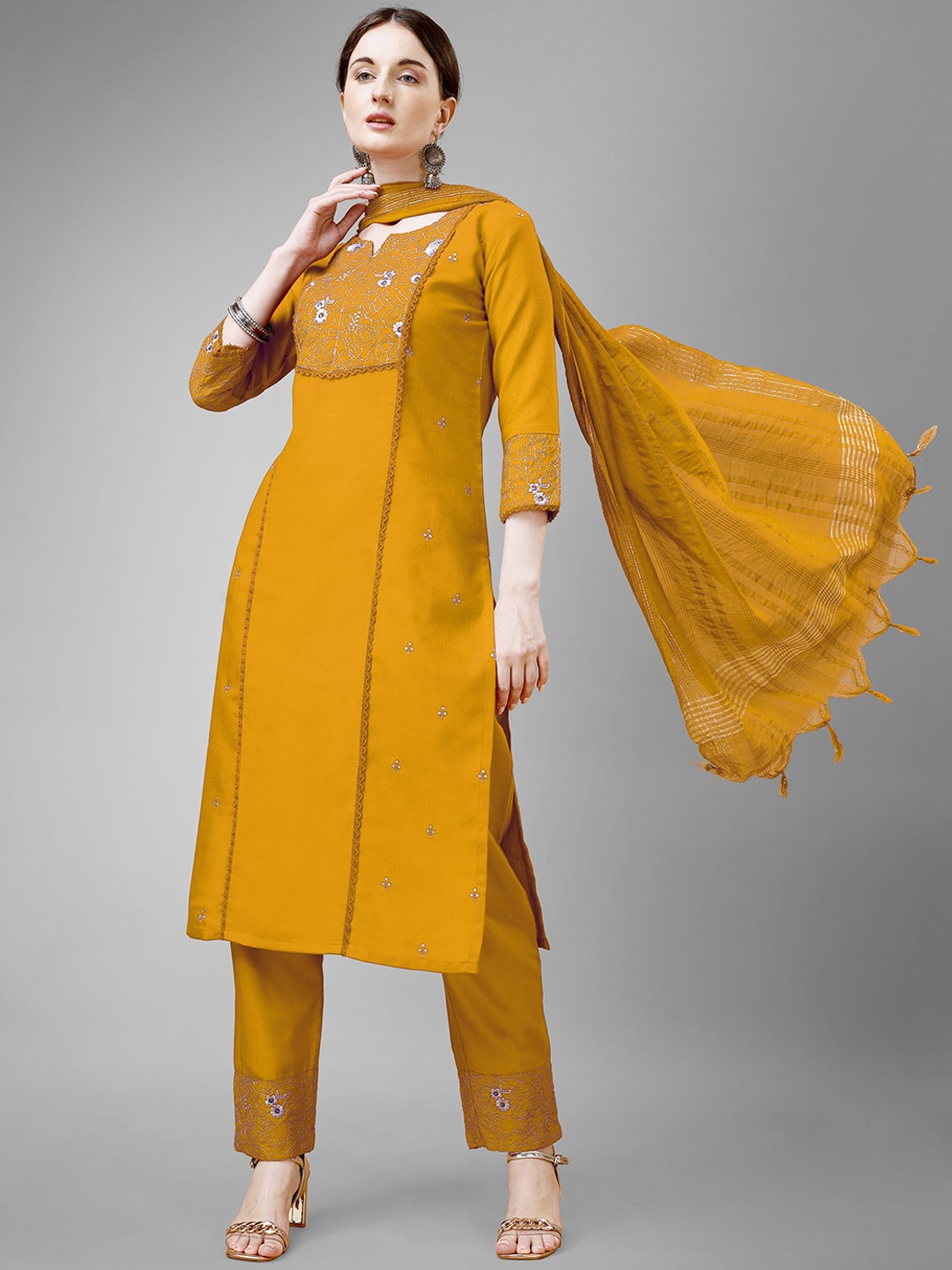 

ksevencreation Women Ethnic Motifs Embroidered Regular Thread Work Kurta with Trousers & With Dupatta, Yellow
