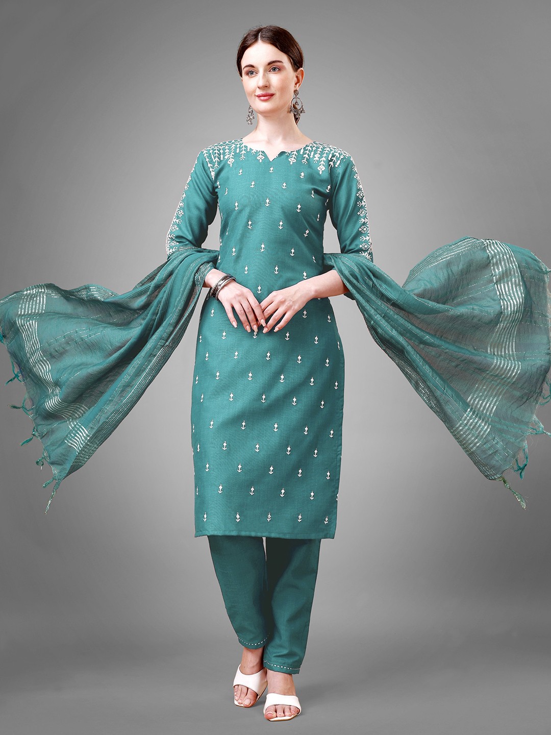 

ksevencreation Women Paisley Embroidered Regular Kurta with Trousers & With Dupatta, Sea green