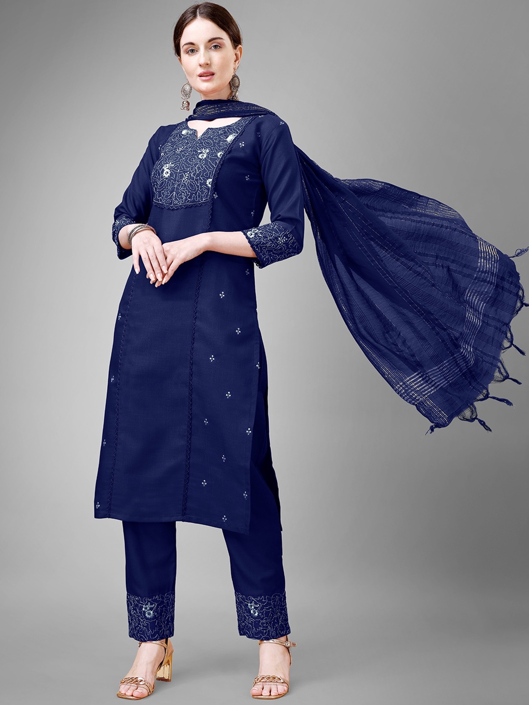 

ksevencreation Women Ethnic Motifs Embroidered Regular Kurta with Churidar & With Dupatta, Navy blue