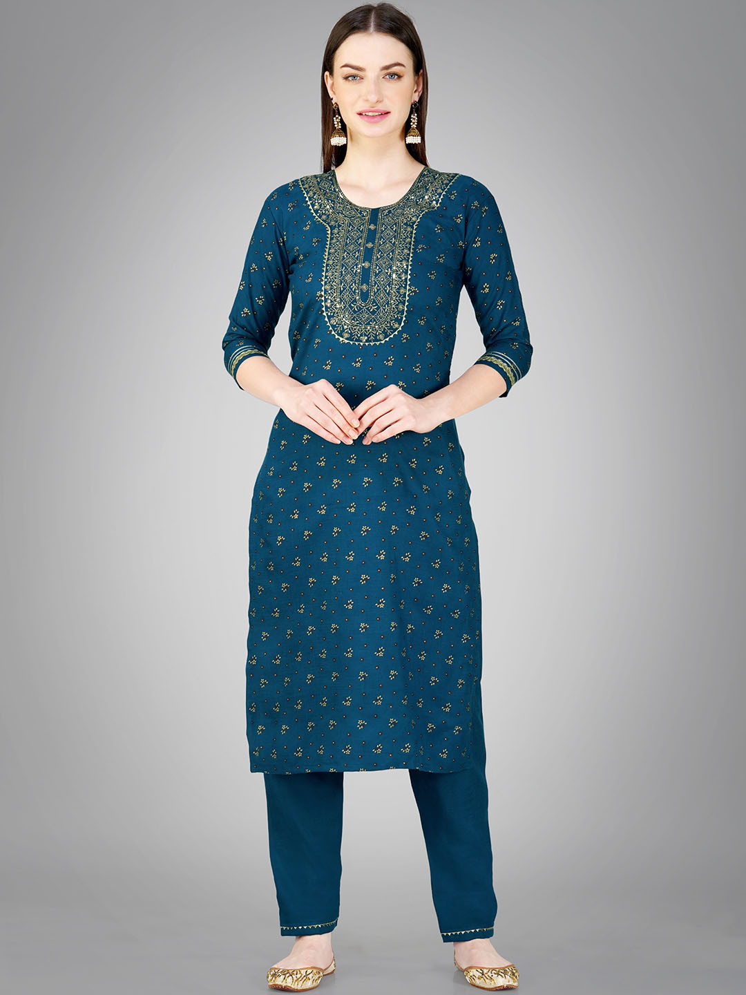 

ksevencreation Women Floral Printed Regular Thread Work Kurta with Trousers & With Dupatta, Blue