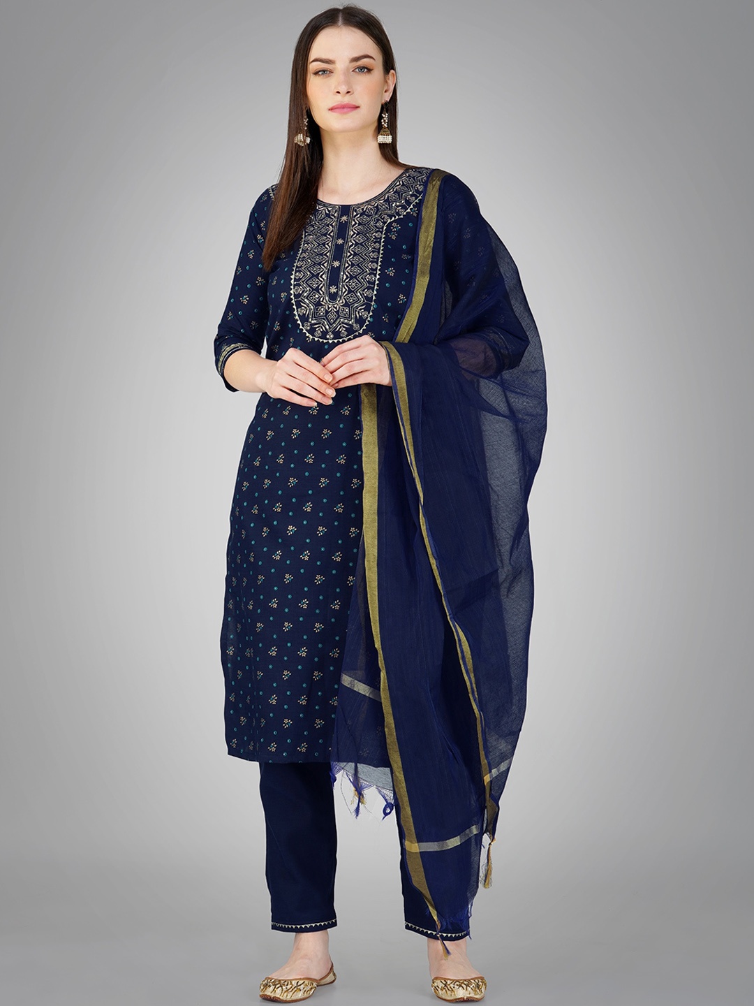 

ksevencreation Women Paisley Embroidered Regular Kurta with Churidar & With Dupatta, Navy blue