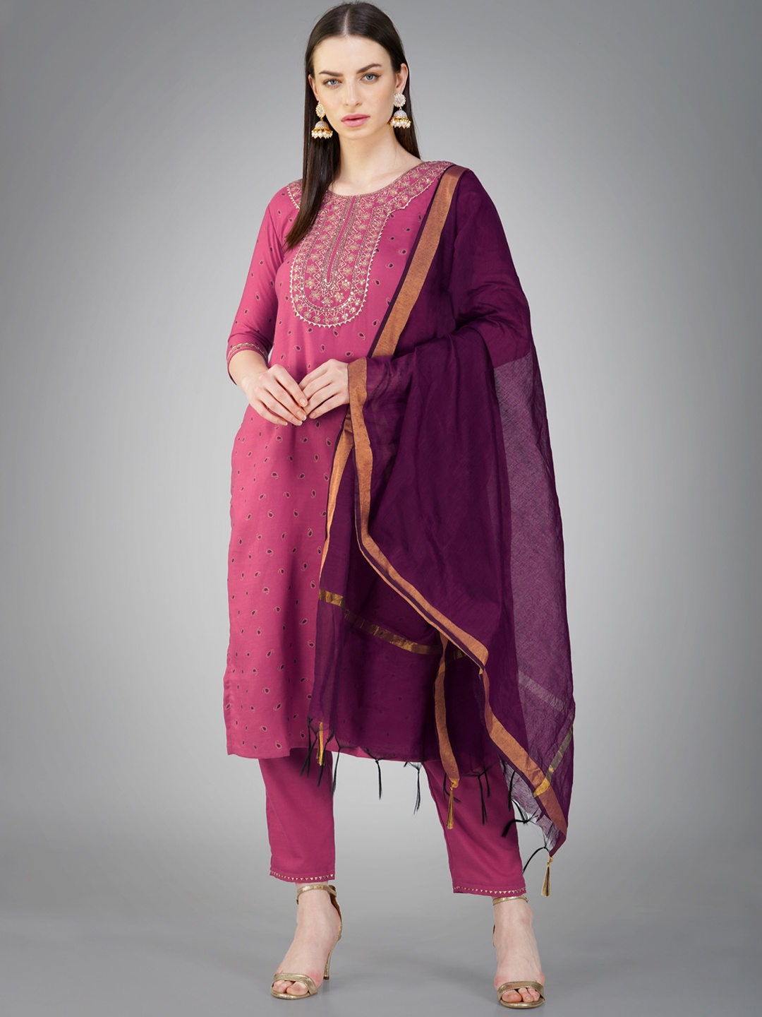 

ksevencreation Women Paisley Embroidered Regular Sequinned Kurta with Trousers & With Dupatta, Purple