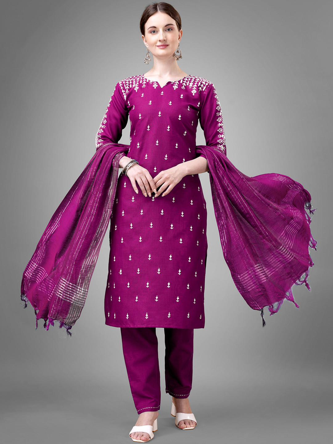 

ksevencreation Women Floral Embroidered Regular Kurta with Churidar & With Dupatta, Purple