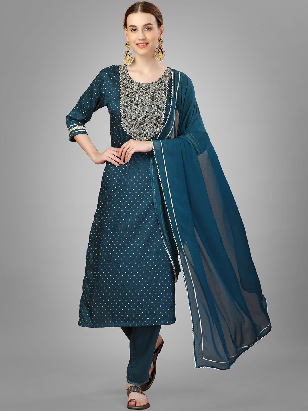 

ksevencreation Women Ethnic Motifs Embroidered Regular Kurta with Trousers & With Dupatta, Blue